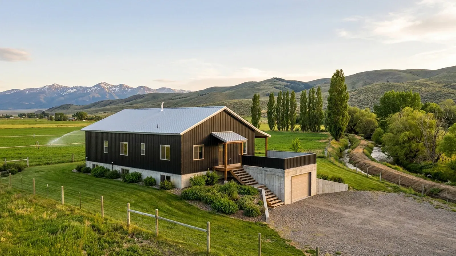A barndominium raised on a stem-wall foundation with steps up to the entry and enclosed storage space beneath the elevated floor.