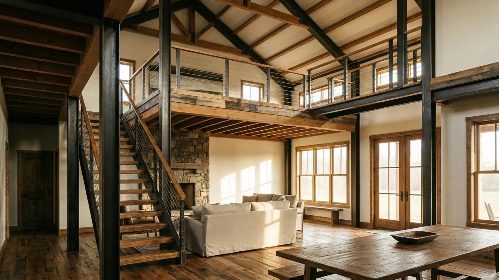 A barndominium great room with an open loft level and railing built over part of the room, reached by an open staircase.
