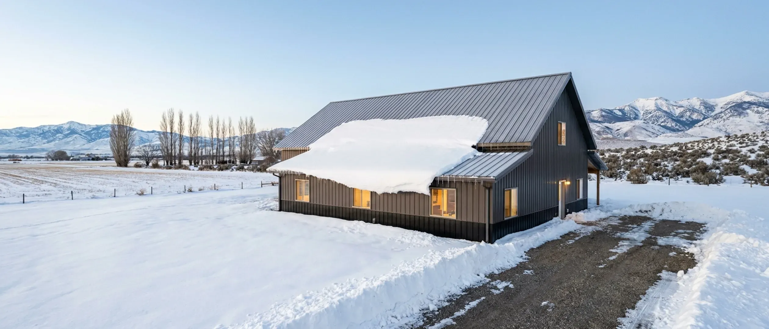 A completed barndominium in deep winter snow, a heavy snow load on its standing seam metal roof and snow piled below the eave.