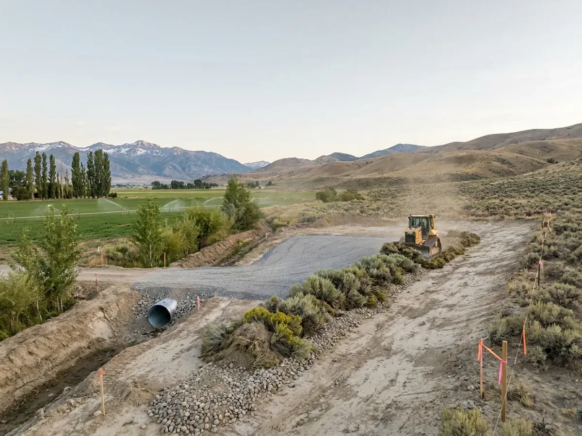 A dozer clearing sagebrush on a rural parcel beside a compacted gravel building pad, with pale soil exposed in the cut and a culvert set at the driveway crossing.