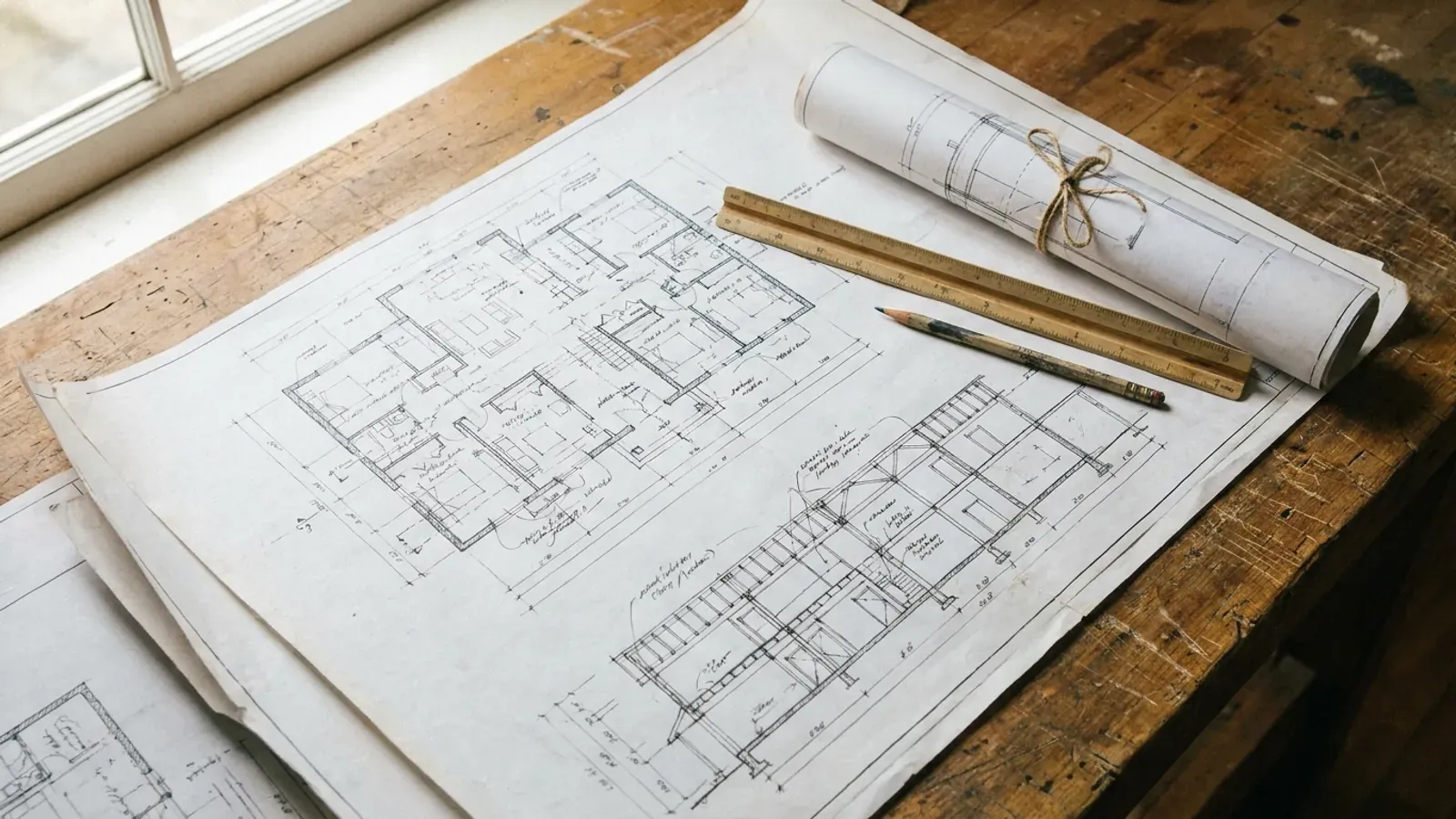 Overhead view of architectural floor plan and structural elevation drawings spread on a workbench with a scale ruler and pencil.