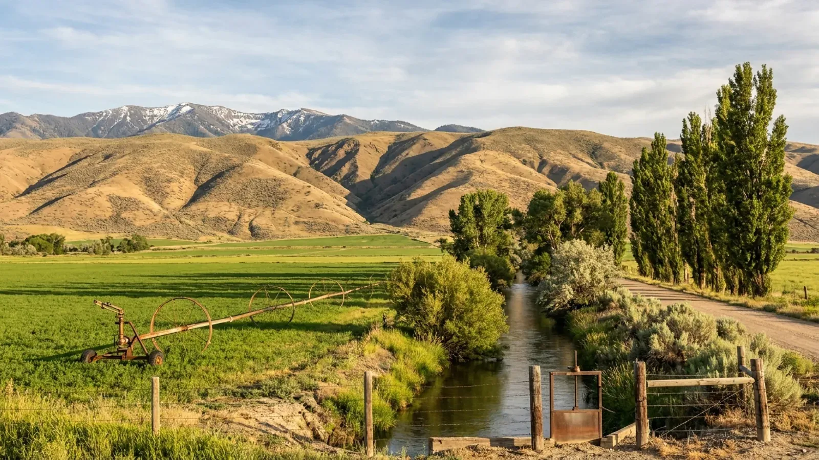 Irrigated hay fields and a cottonwood-lined canal on the Treasure Valley floor below bare sagebrush foothills and a snow-topped range.